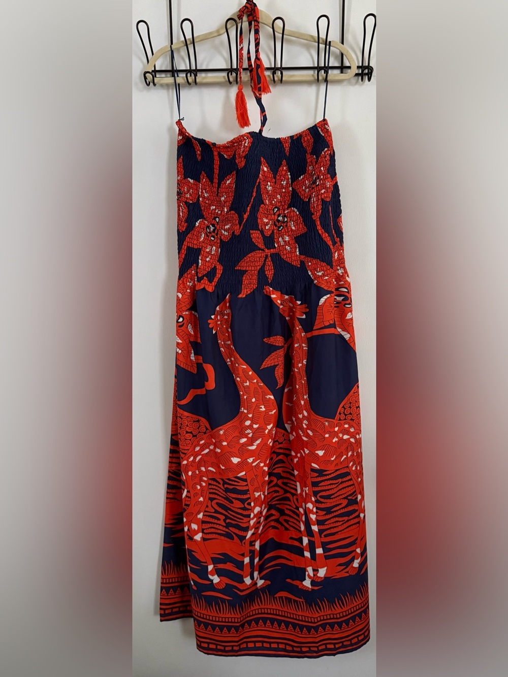 Navy and Orange Floral Maxi Dress with Halter Tie